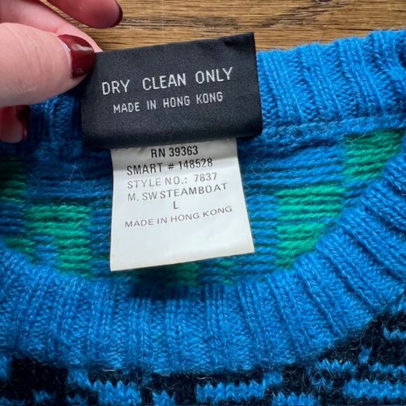 VTG 80s Demetre Pure Wool Crewneck Ski Sweater Mens L Fair Isle Geometric Blue - Picture 8 of 10